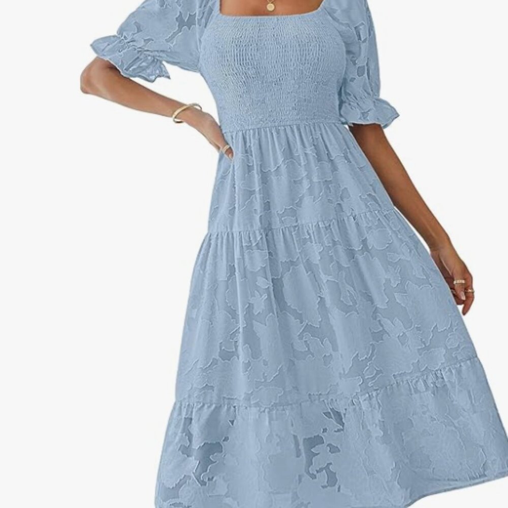 MEROKEETY Womens 2025 Summer Short Puff Sleeve Smocked Square Neck Floral Textur